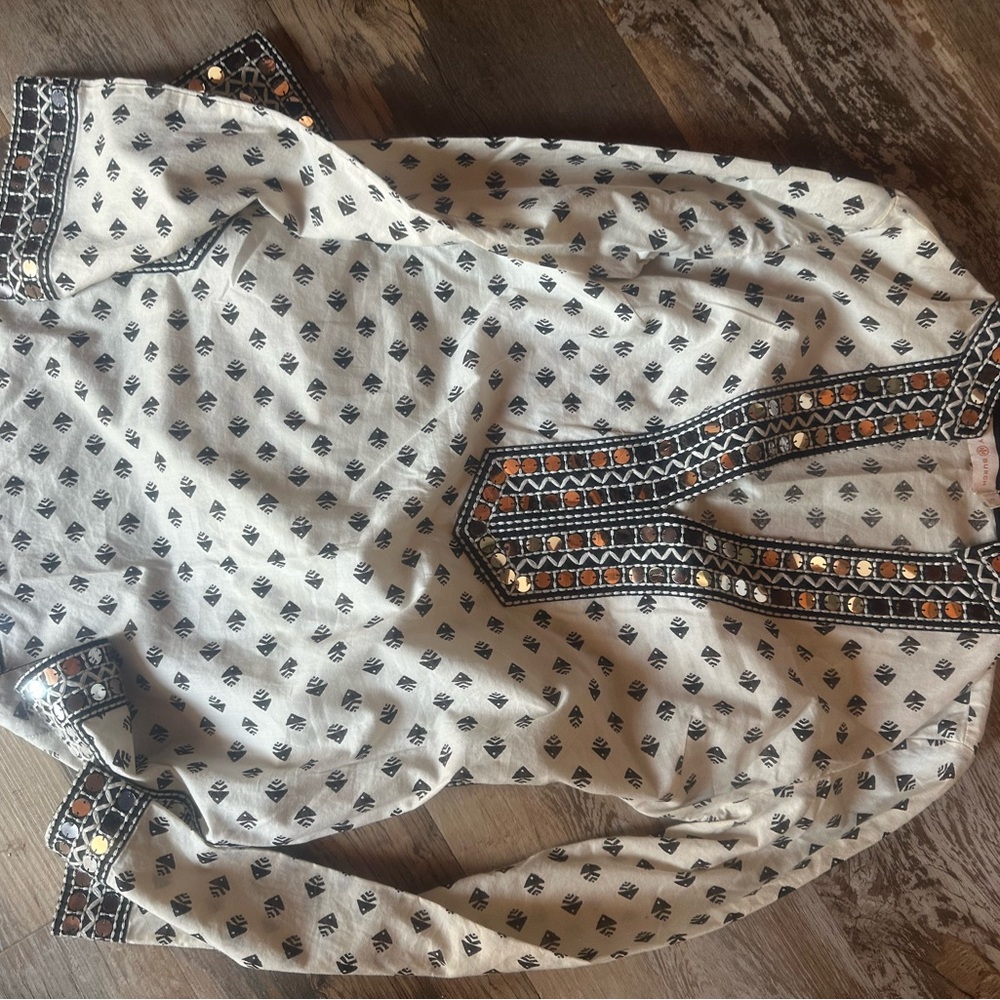 Tory Burch White and Black Embroidered Blouse